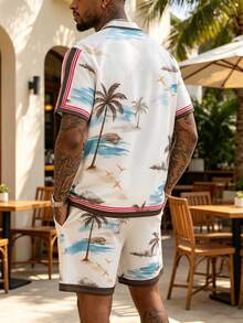 Men's 2 Pieces Tropical Island Print Set, Beach Shirt And Matching Shorts - Multicolor - View 2