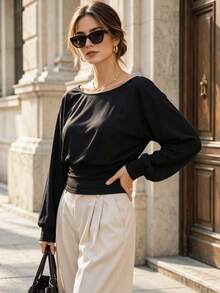 Women's Autumn Boat Neck Long Sleeve Top, Dropped Shoulder Lantern Sleeve Waist-Cinching Slim Fit Cropped Blouse - Black - View 9