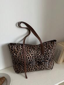 1pc Brown PU Smooth Zipper Leopard Print Fashion Versatile Casual Minimalist Autumn/Winter New Niche Shoulder Tote Bag For Women Daily Use - Brown - View 8