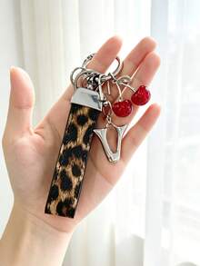 26 Alphabet Letter Keychain Pendant Creative Leopard Print PU Rope Key Strap, Cherry Charm, Car Keychain Pendant, Bag Charm Accessory, Key Decoration Accessory, 26 Letters To Choose From, Meaningful Gift For Family And Friends On Holidays - Brown - View 13