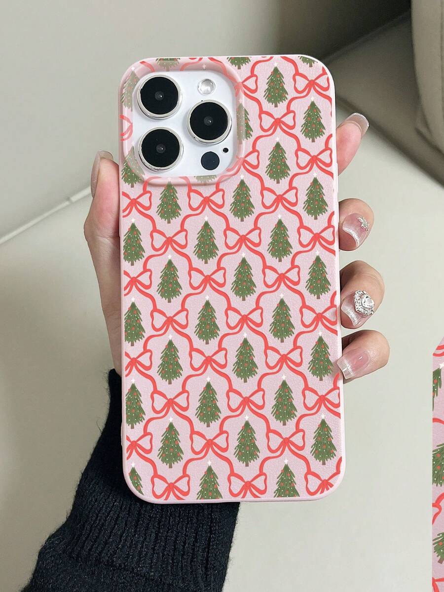 1pc Pink Litchi Texture TPU Anti-Drop Painted Bow Christmas Tree Pattern Phone Case Compatible With IPhone 15/15pro/15plus/15promax/16/16pro/16plus/16promax/17 - Multicolor - View 1