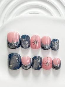 10件/套 Y2K 暗黑風手工穿戴甲，Polygel 美甲套組，星星亮片藍色指甲油，酷感暗黑風，含美甲工具，3種尺寸可選，方型/短方型/杏仁形，適合派對、跳舞、日常配戴（手工細節可能有所不同） - 彩色 - 查看 17