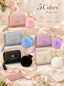 Dompet Kecil Wanita Lucu dengan Gantungan Kunci Pom Pom, Dompet Pendek Kulit PU Bentuk Hati yang Manis, Set Hadiah Dompet Koin Mini dengan Banyak Slot Kartu - MultiWarna - View 8