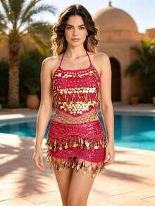 Halter Mesh Disc Sequin Coin Dangle Chest Piece, Patterned Sequin Coin Dangle Hip Decor, Pool Themed Parade Masquerade Cosplay Body Decor Accessories (Multiple Colors Available) - Multicolor - View 14