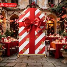 2D Flat Printed Christmas Arch Backdrop Cover, Red & White Striped Gift Box, Large Bow & Snowflake Pattern Elastic Curved Background Cloth, Christmas Party Photo Booth Decoration - SDJGMZ26A012 - View 7