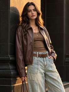 Women Fall Collared Zip‑Up Jacket, Long Sleeve Pocketed Cropped Vintage Short Outerwear Coat - Brown - View 10