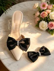 1 Pair Korean Style Premium Black Polyester Ribbon Bow With Rhinestone Shoe Flower Decor, Detachable Versatile Women's Shoe Accessory/Shoe Flower Only, Shoes Not Included - Black - View 1