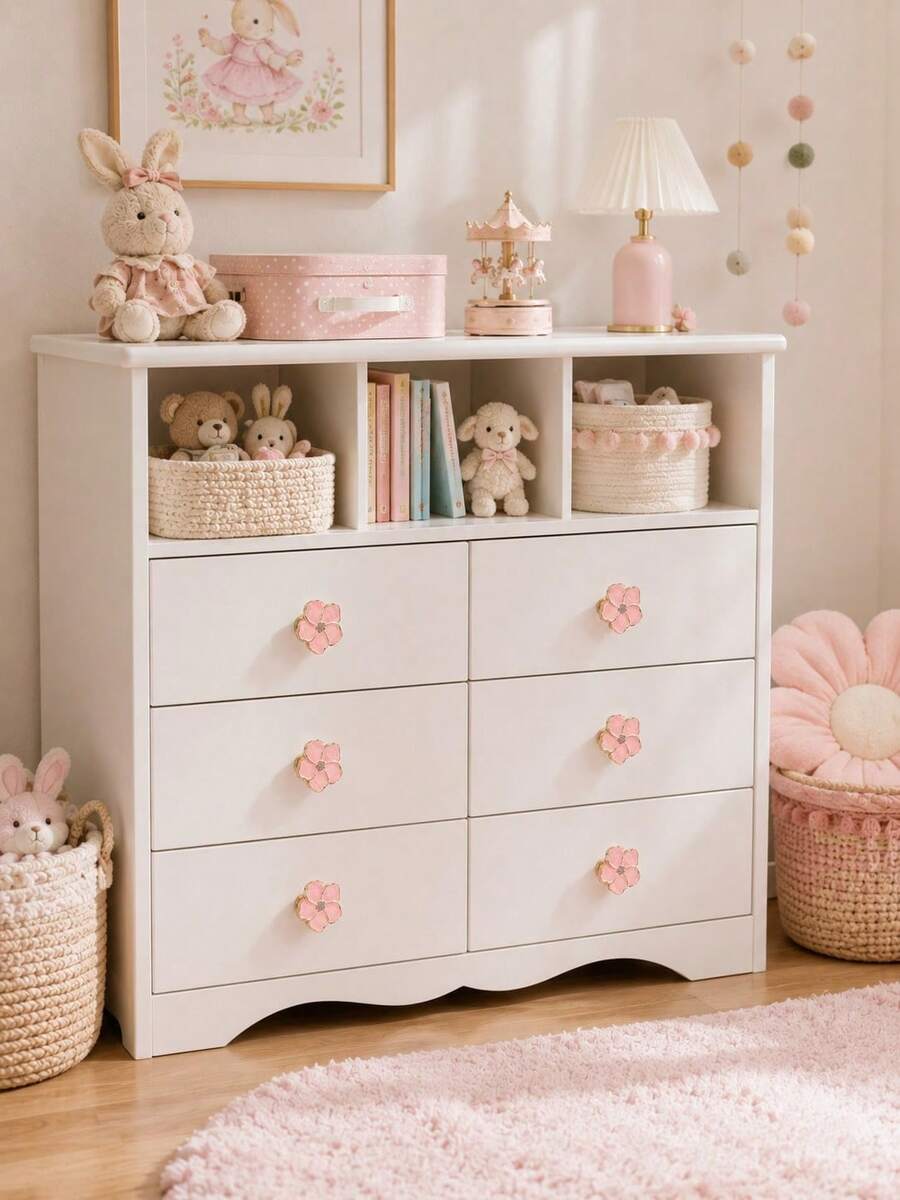 4pcs/Set Baby Nursery Floral Drawer Pulls, Pink Resin Cabinet Knobs, Cute Flower Vanity Handles For Nursery Furniture Decor - Multicolor - View 1