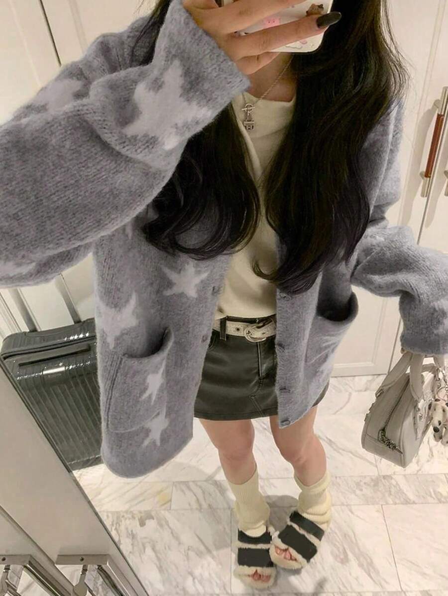 Women's Loose Star Pattern Cardigan Knit Sweater, Autumn/Winter - Grey - View 1