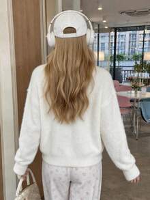 New Autumn/Winter Women's Casual Minimalist Colorful Button Design Fuzzy Round Neck Cardigan Sweater Jacket - White - View 4