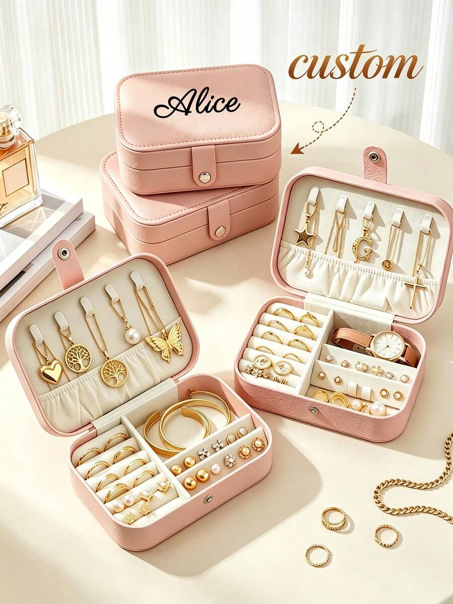 Customization Personalized Minimalist Style Rectangle Jewelry Box, Custom Name Design,Multi Compartment Storage Case For Rings Earrings Necklaces Watch,Portable Travel Jewellery Organizer,Gift For Birthday Bridesmaid Wedding Christmas Gifts