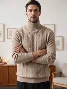 Men's High Neck Cable Knit Argyle Pattern Sweater, Crew Neck Simple Casual Style, Business Commute Inner Layer Outer Wear Knit Top, Two-Collar Design - Apricot - View 4