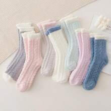 Coral Fleece Socks No Shedding Winter Colorblock Cable Knit Super Soft Sleeping Women's Mid-Calf Warm Floor Socks - Multicolor - View 1
