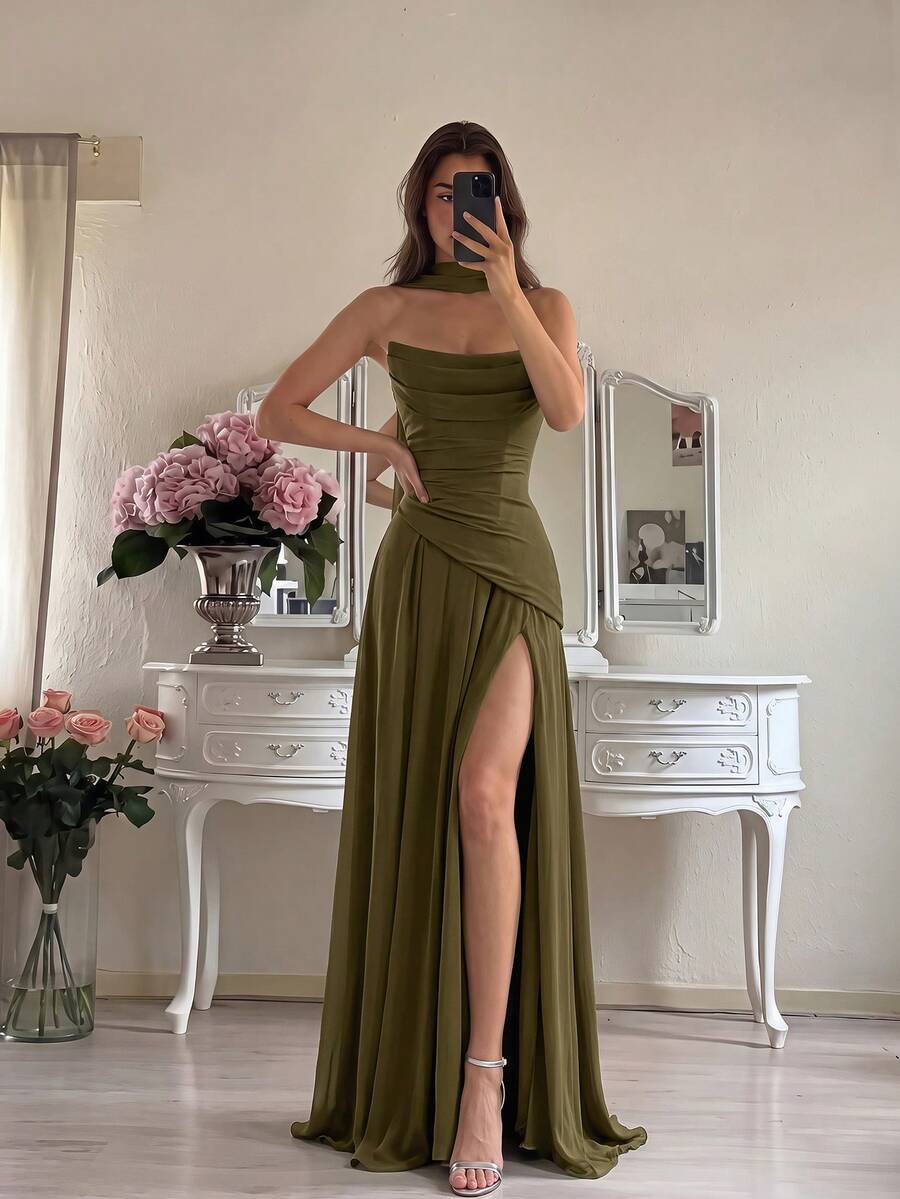 ADYCE Elegant Halter Tie Sweetheart Neckline High Waist Pleated High Slit Backless Floor Length Party Dress, Suitable For Prom, Birthday, Christmas, Wedding - Army Green - View 1