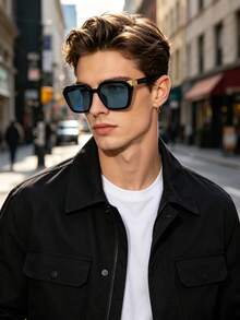 RENNES 1pc Men Retro Square Fashionglasses, Gold Inlay Decor Durable Light-Tinted PC Lenses, Stylish Design Eyewear For Travel Driving Vacation - Multicolor - View 2