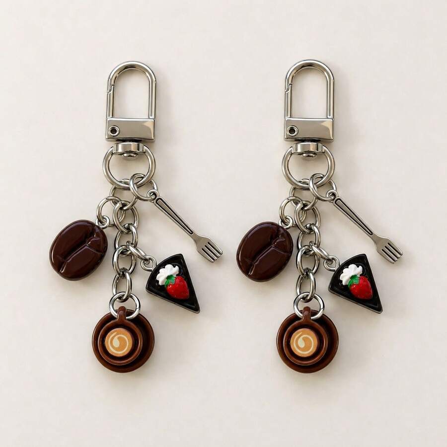 1pc/2pcs Unisex Resin Simulated Coffee Cup Strawberry Cake Coffee Bean Pendant Alloy Fork Accessory Keychain Autumn/Winter Beverage Bag Charm Cute Wallet Accessory - Multicolor - View 1