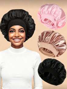 Women's Solid Color Wide Brim Elastic Polyester Satin Sleep Cap, Single Layer Soft Silk-Feel Hair Cap, Suitable For Curly Hair Night Care - Multicolor - View 1