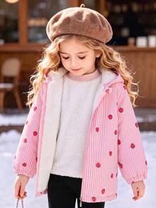 Girls' Casual Fashion Striped Strawberry Print Zipper Thick Hooded Jacket, Autumn/Winter - Pink - View 1