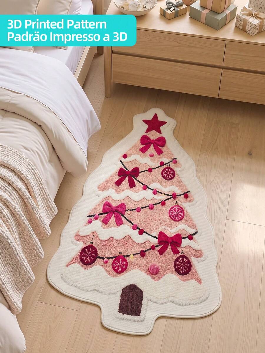DAJIANG 1pc Pink Christmas Tree Shaped Rug, Kitchen Rug, Hallway Rug, Area Rug, Suitable For Bathroom, Kitchen, Indoor, Hallway, Bedroom, Living Room, Bedside, Machine Washable, Easy To Clean, Non-Slip Backing, Bedroom Decor, Autumn/Winter Style