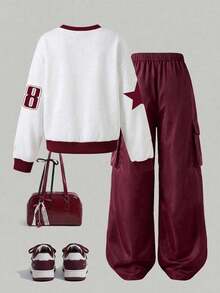 Tween Girl Cartoon Number Print V-Neck Long Sleeve Top And Pants - White - View 2