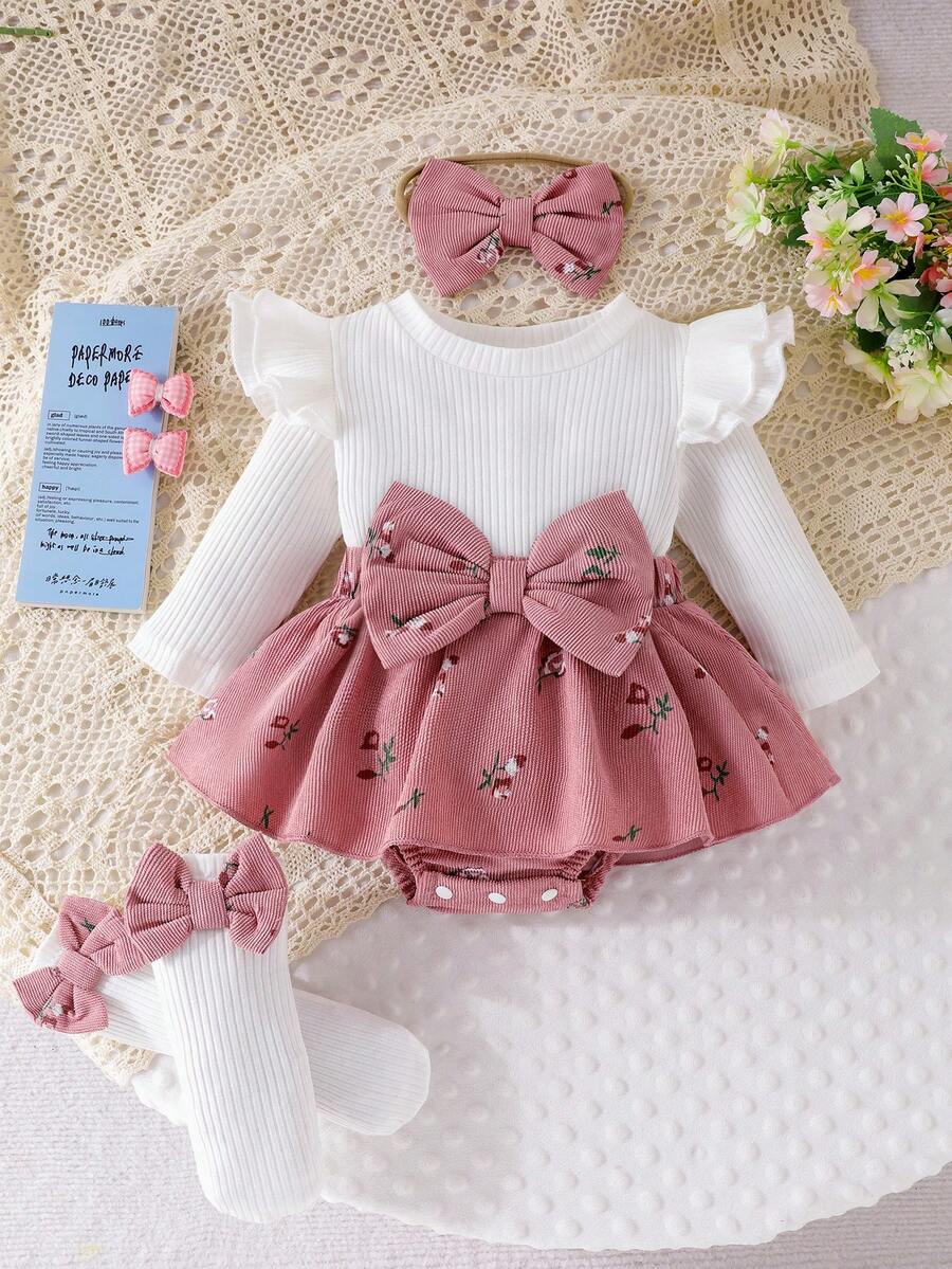 1pc Newborn (Girl) Baby Comfortable Ribbed Patchwork Printed Corduroy Romper Dress With Headband And Leg Warmers, Medium-Thin Weight, Spring/Autumn - Watermelon Pink - View 1