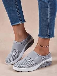 Women's Summer Mesh Breathable Half-Slip-On Shoes, Slip-On Slouchy Casual Shoes, Plus Size Soft Sole Comfortable No-Heel Mule Shoes - Light Grey - View 6