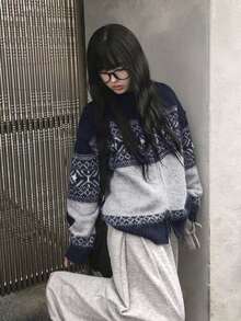 Cardigan Rajut Fair Isle Motif Salju dengan Resleting, Jaket Sweater Longgar Kasual Vintage yang Lembut dan Nyaman - Navy Blue - View 1