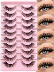 Hinarin 10 Pairs Clear Band False Eyelashes Natural Lashes Wispy Strip Lashes 3D Layered Effect Soft And Fluffy Cross-Over Makeup Effect Natural And Refined Lengthening The Outer Corner Of The Eye Suitable For Various Makeup Effects - Black - View 2