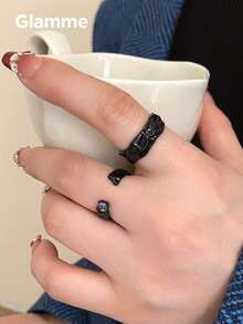 2pcs/Set Dark Style Black Textured Asymmetrical Fashion Rings, Niche Cool Open Stackable Rings - Black - View 7