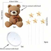 5pcs/7pcs Light Brown Bear With Golden Star Cake Topper Decorations, Suitable For Baby Shower, Birthday Party Cake Decor - Multicolor - View 6