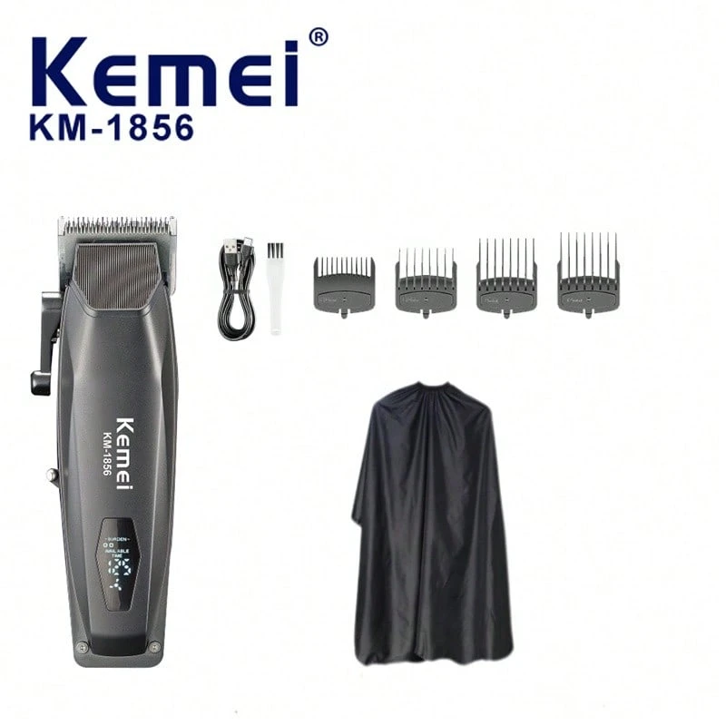 KEMEI KM-1856 Cordless Hair Clipper + Barber Cape Set, 2000mAh Battery Long Use Per Charge, 4-Gear One-Hand Adjustable Blade, R-Shape Rounded Edge On Skin, Smooth Cutting No Snagging, Great For Family & Salon Use - View 1