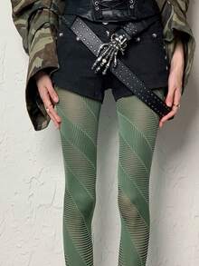 1雙女款綠色斜條紋街頭風舒適高彈性不鬆垮不透肉褲襪，適合音樂節、派對、夜店 - 綠色 - 查看 5