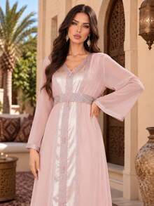 Women's Pink Embroidered Maxi Dress Long Sleeve V Neck Elegant Chiffon Abaya Dress Formal Evening Party Gown - Pink - View 1