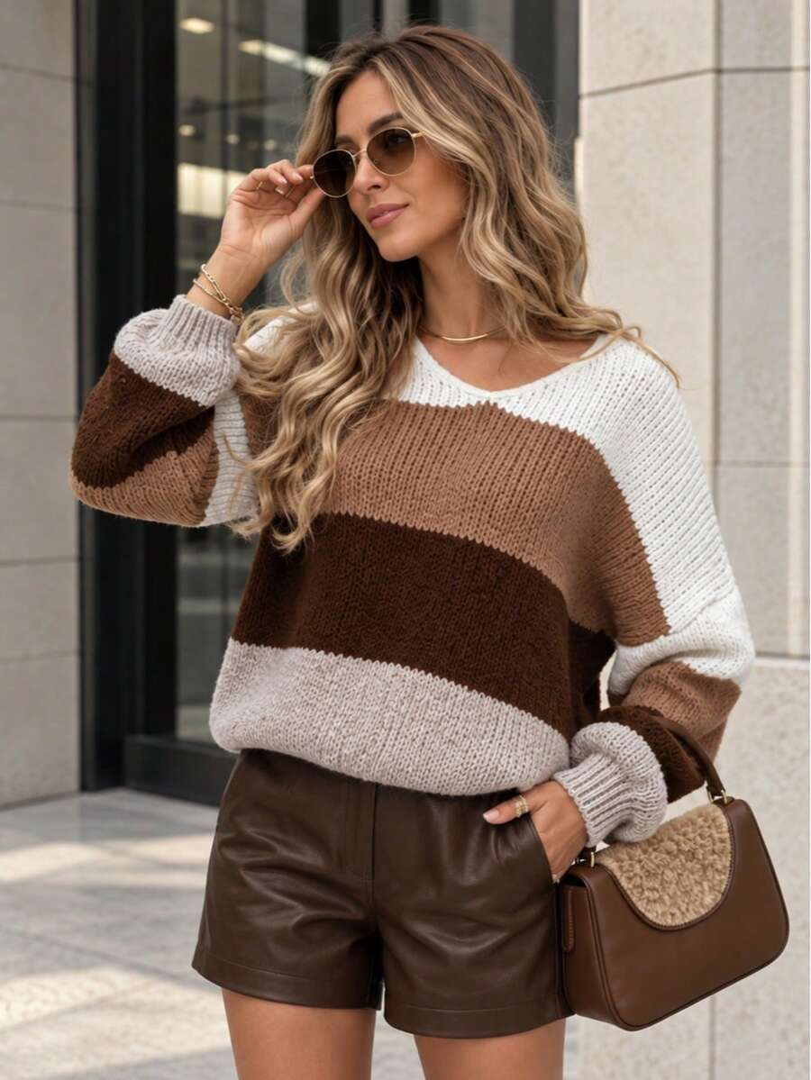 Women's Autumn/Winter Striped V-Neck Long Sleeve Pullover Sweater, Ribbed Hem, Loose Fit Polyester Knit, Comfortable Casual Style