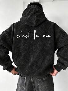 Men's C'est La Vie Slogan Hoodie, Minimalist Loose Fit Washed Pullover Sweatshirt - Black - View 1