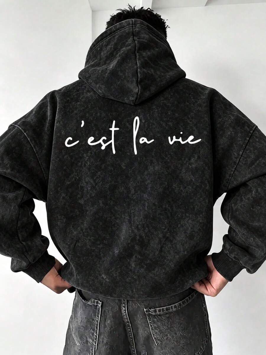 Men's C'est La Vie Slogan Hoodie, Minimalist Loose Fit Washed Pullover Sweatshirt - Black - View 1
