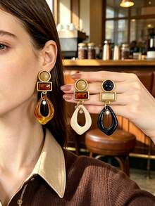 2pcs Bohemian Colorful Resin Round Water Drop Rhinestone Pendant Earrings, Casual Daily Outfit Accessory Gift - Water Drop - View 2