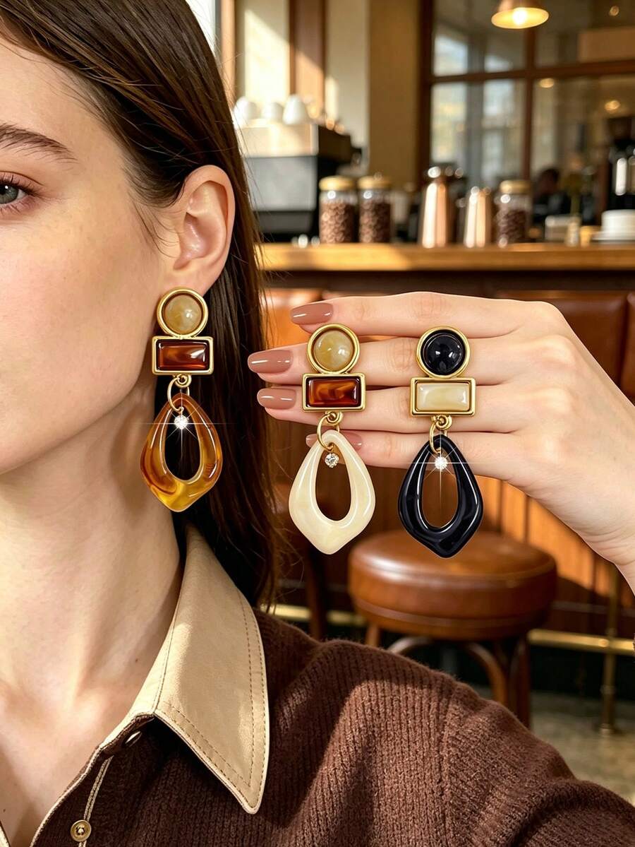 2pcs Bohemian Colorful Resin Round Water Drop Rhinestone Pendant Earrings, Casual Daily Outfit Accessory Gift