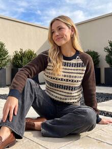 Women's Winter Vintage Pattern Raglan Sleeve Crew Neck Knit Sweater, Casual Minimalist Pullover Top - Coffee Brown - View 2
