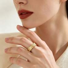 1pc Elegant Gold 304 Stainless Steel Asymmetrical Vertical Textured Adjustable Open Ring Suitable For Women's Daily And Vacation Wear - Multicolor - View 5