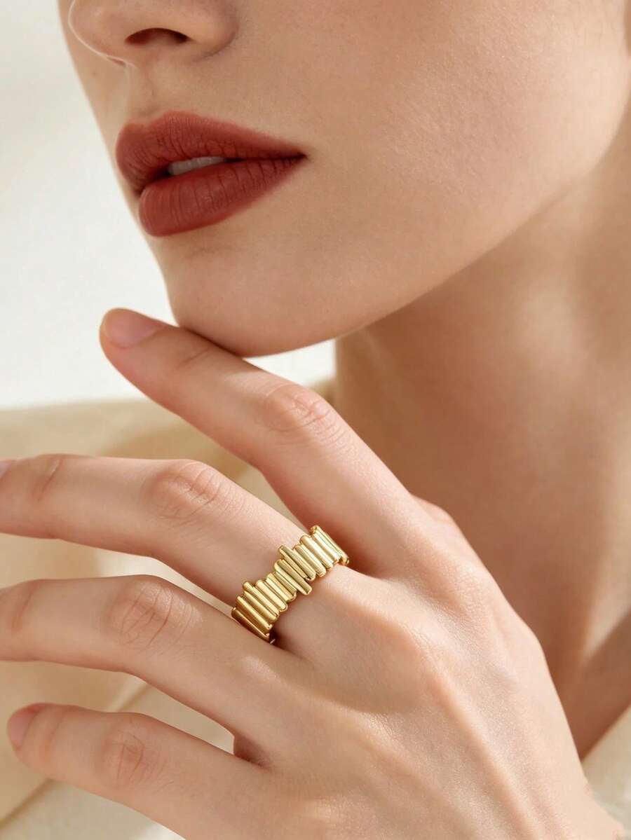 1pc Elegant Gold 304 Stainless Steel Asymmetrical Vertical Textured Adjustable Open Ring Suitable For Women's Daily And Vacation Wear - Multicolor - View 1