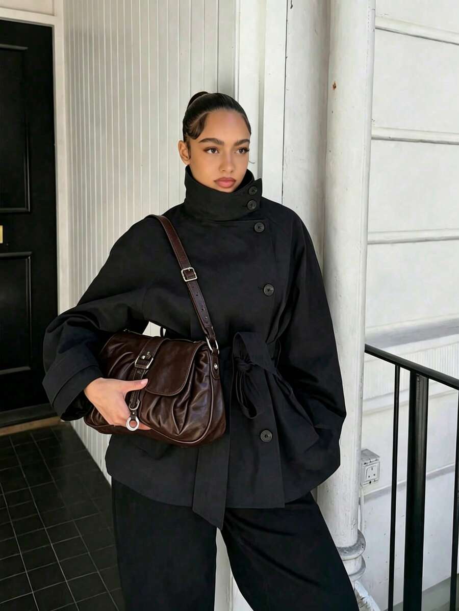 Women's Black High Neck Trench Coat With Belt And Raglan Long Sleeves, Button Front Design, Regular Fit, Autumn/Winter Fashion - Black - View 1