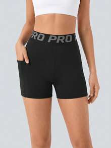 Letter Print Waistband Sports Shorts, Side Pockets High Elastic Tummy Control Fitness Workout Cycling Shorts - Black - View 3