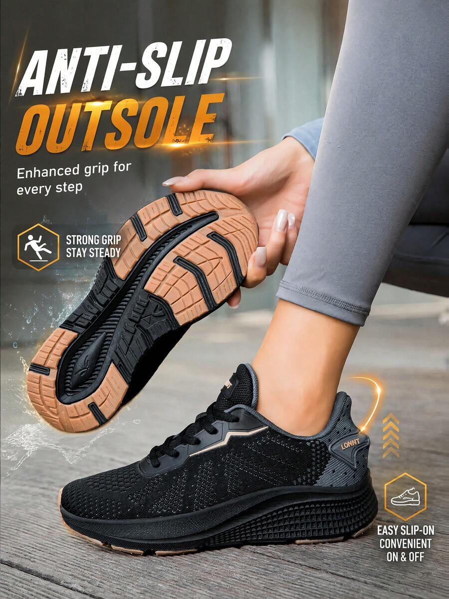 LOKWT 1 Pair Unisex Solid Color Athletic Fabric Mesh Spliced Wide Toe Box Running Shoes, Extra Wide & Extra Roomy, Outdoor All-Season - Black - View 1