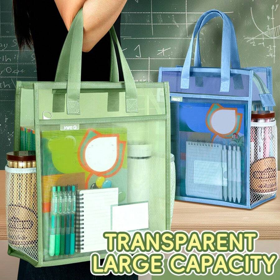 HUAJIE Student Clear Mesh Tutoring Hand Tote Bag Reinforced Handle With Side Mesh Pocket, Large Capacity For Books Papers Stationery, Exam‑Friendly School Carry Bag - Single Piece - View 1