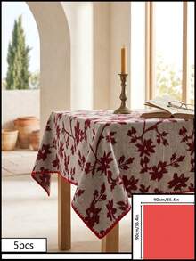 1pc Grey Background Deep Red Leaf Floral Pattern Tablecloth, Natural Vintage Style Fabric Material, Rectangular Red Polka Dot Hem Detail, Stain-Resistant Protection And Decorative Function, Suitable For Daily Home Dining Table And Natural Style Restaurant Decor - Red - View 19