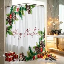 1件裝聖誕莓果花卉與Merry Christmas圖案浴簾，復古設計，防水，適用於浴缸隔簾，浴室裝飾與配件，聖誕裝飾，居家裝飾禮品，附12個掛鉤 - 彩色 - 查看 1