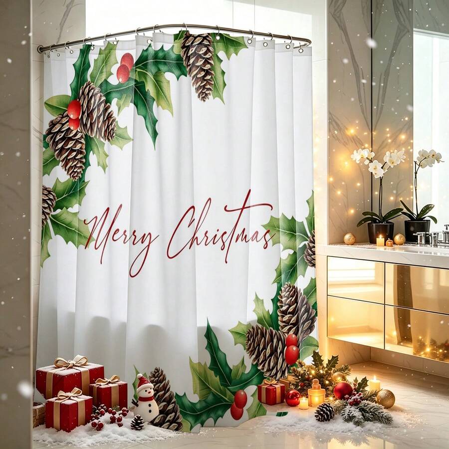 1件裝聖誕莓果花卉與Merry Christmas圖案浴簾,復古設計,防水,適用於浴缸隔簾,浴室裝飾與配件,聖誕裝飾,居家裝飾禮品,附12個掛鉤 - 彩色 - 查看 1