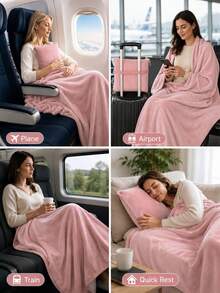 1pc 2-In-1 Travel Blanket Pillow, Portable Detachable Soft Fleece Airplane Blanket With Compact Zipper Storage Bag, Comfortable Warm Foldable Blanket - Multicolor - View 7