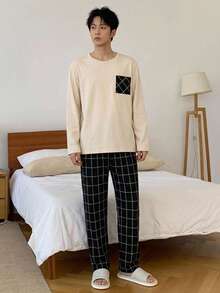 DAZY [AICJ Sleepwear] 2件套男士休閒寬鬆圓領長袖上衣與格紋拼接褲家居服套裝 - 米色 - 查看 4